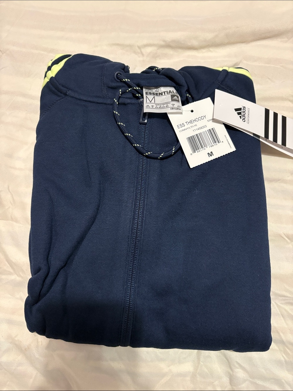 adidas Navy Full-Zip Kids Hoodie with Neon Yellow Accents